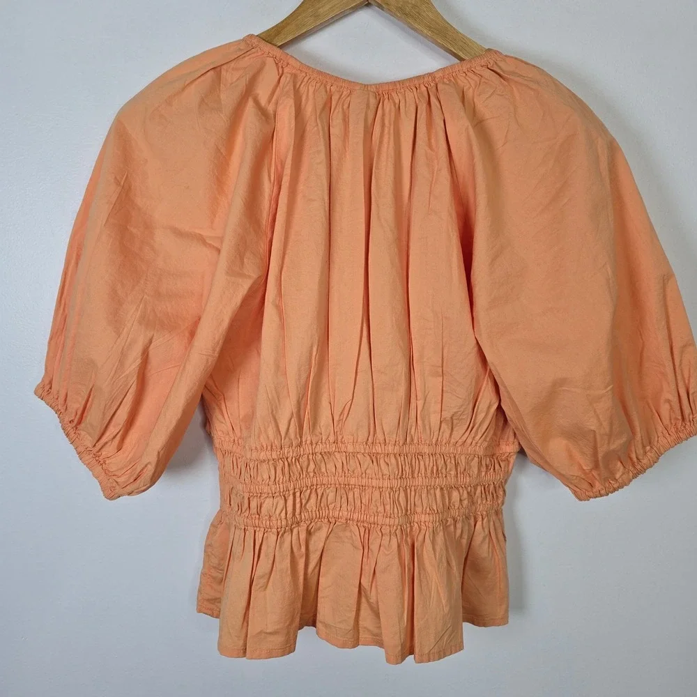 Old Navy Womens Small Peach Cotton Smocked Puff Sleeve Peplum‎ Blouse Top V-Neck